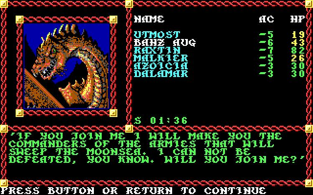 Pool of Radiance 1988 Tyranthraxus asks the party to join him